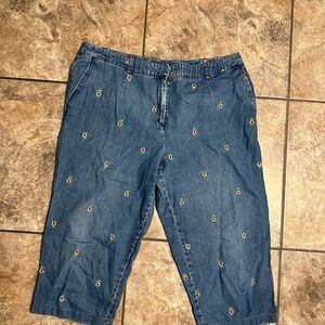 Briggs New York Blue Embroidered Sunflower Denim Capri Pants Plus Size 18W